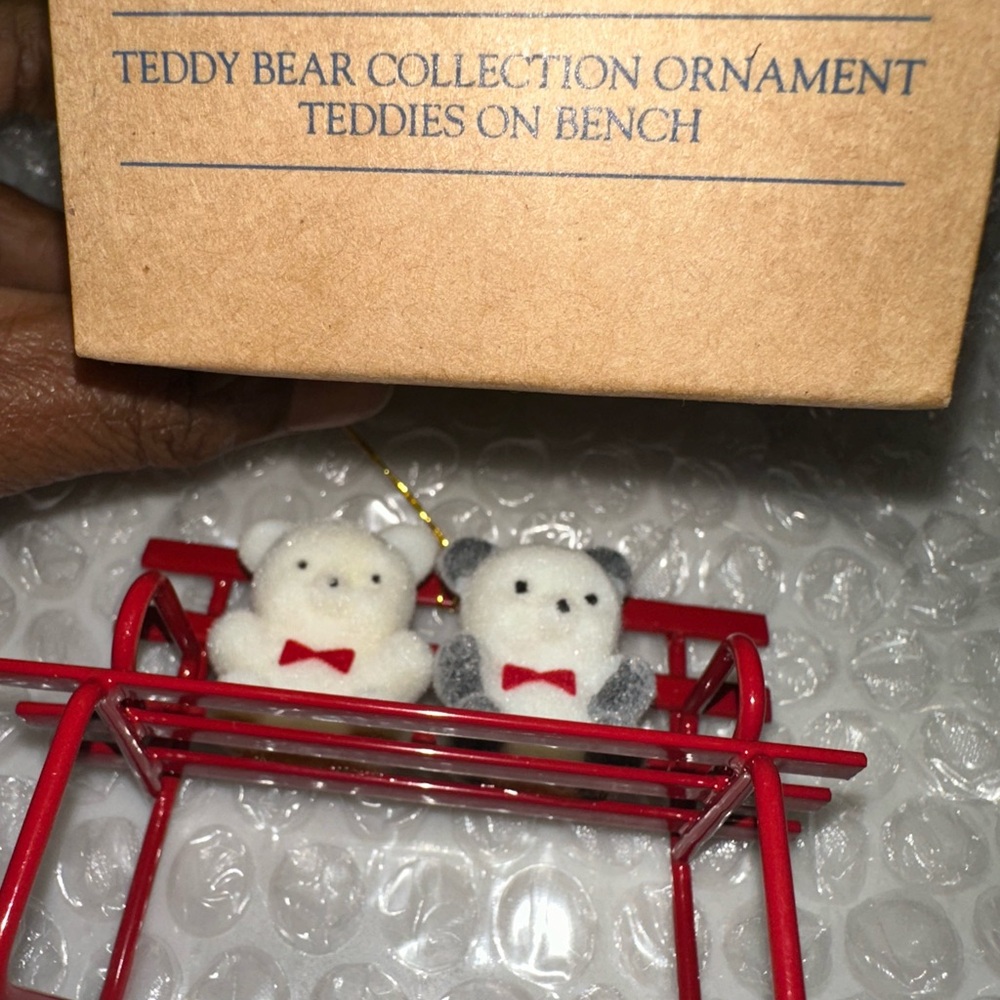 Avon Teddy Bear Collection Ornaments on bench with Red Bows - Picture 11 of 16